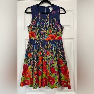 ESLEY Navy Blue Red Green Floral Cotton Fit & Flare Sleeveless Dress NWOT